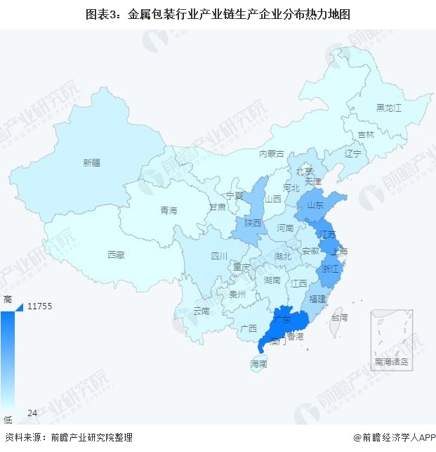 图表3：金属包装行业产业链生产企业分布热力地图